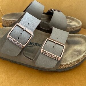 Birkenstock Two-Strap Footbed Sandal - Stone with Rose Gold Buckles size 38